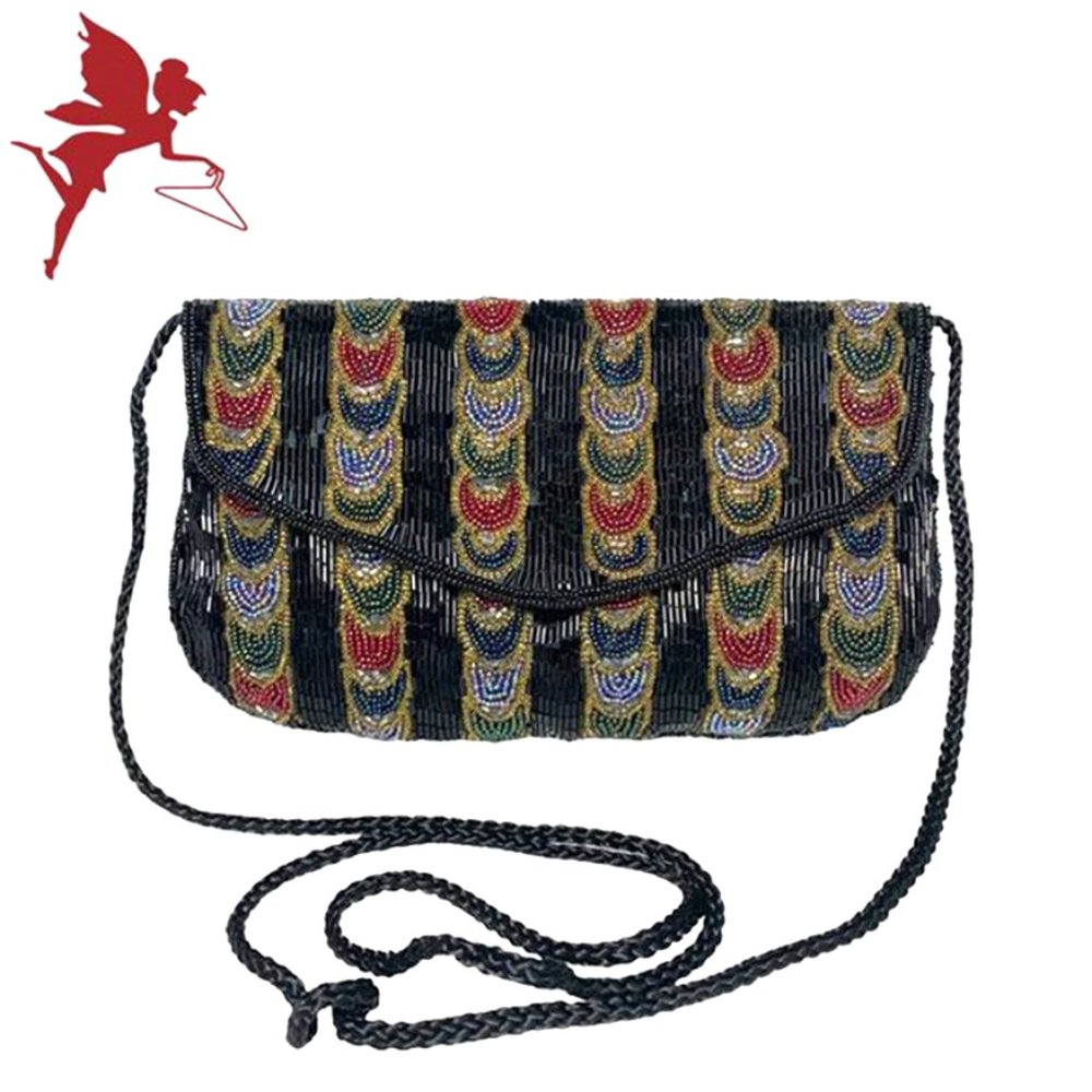 VINTAGE Multicolour Art Deco Chain Link Stripe Beaded Evening Bag